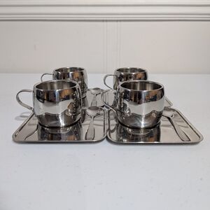 Tramontina Espresso Cup & Saucer Set of 4 -18/8 Stainless Brazil Double Walled